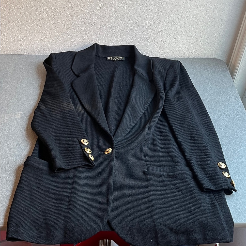 St John Black Knit 2 Piece Suit Jacket Pants Evening Basics Size 16 - Picture 3 of 14